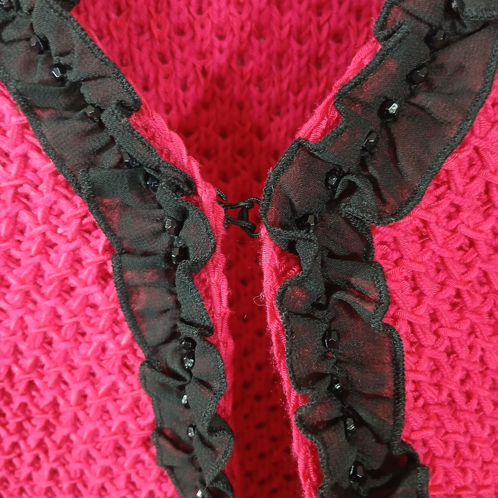 Jones New York Hot Pink with Black Beaded Trim Cardigan Sweater  Size S Stretchy - Picture 6 of 8